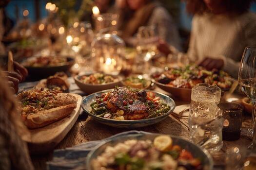 Festive dinner table setting with beautifully arranged dishes, warm candlelight ambiance, and guests enjoying a delightful meal together, creating a cozy and inviting atmosphere photo