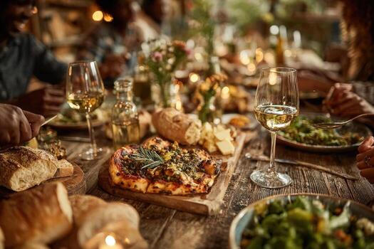Group of diverse friends enjoying a festive meal together, featuring pizza, fresh salads, and wine, creating a warm and inviting dining atmosphere with candles photo