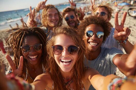 Group of diverse young adults enjoying a sunny day at the beach, smiling and posing for a selfie, showcasing friendship and joyful moments in a vibrant coastal setting photo