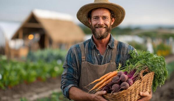 Smiling man with a straw hat holds a basket of freshly harvested vegetables, showcasing vibrant carrots and beets in a lush farm setting, embodying sustainable agriculture practices photo