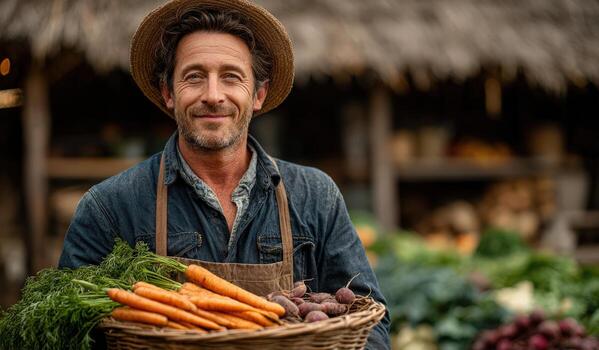 Smiling man with dark hair wearing a straw hat holds a basket of fresh vegetables, showcasing vibrant carrots and beets in a rustic market setting with greenery photo
