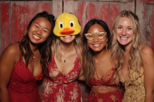 Group of joyful women wearing colorful dresses posing together with playful expressions, one wearing a duck mask, capturing a fun and lively moment at a celebration photo