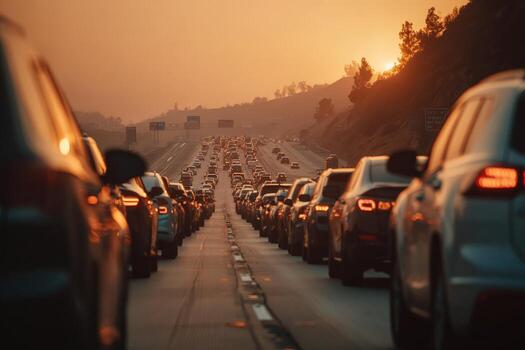 Traffic jam on a busy highway during sunset, with rows of vehicles stretching into the distance, creating a dramatic scene of urban congestion and evening light photo