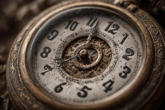Vintage pocket watch with intricate details, showing signs of wear and age, resting on a textured surface, symbolizing the passage of time and nostalgia photo