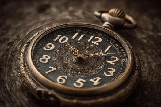 Vintage pocket watch with intricate design and Roman numerals, resting on a wooden surface, showcasing timeless elegance and craftsmanship in a nostalgic setting photo