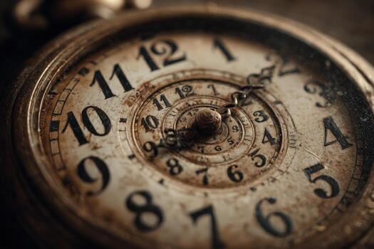 Vintage pocket watch with intricate details, showing aged patina and classic numerals, capturing the essence of time and craftsmanship in a close-up view photo