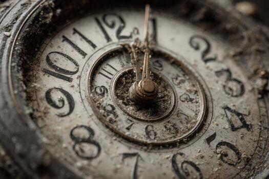 Close-up of an antique clock face covered in dust and grime, showcasing intricate details of the numbers and hands, symbolizing the passage of time and nostalgia photo