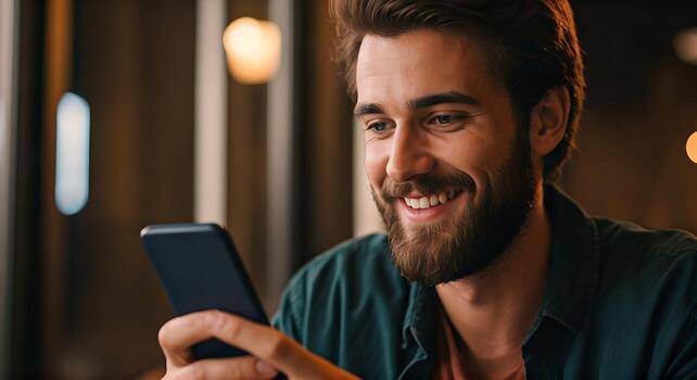contento hombre sonriente mientras utilizando teléfono inteligente móvil teléfono tecnología social medios de comunicación comunicación conexión felicidad sonriente cara barba hombre casual moderno adentro cerca arriba foto