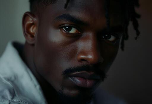 Intense Close Up Portrait of a Young Black Man with Dreadlocks photo