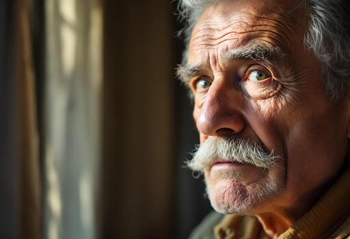 Close up portrait of a pensive senior man with a mustache looking out a window photo