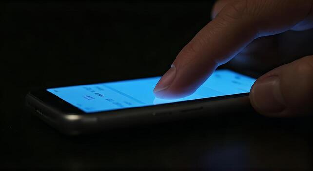 Close-up of finger touching smartphone screen in dark with blue light photo