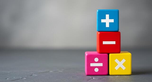 apilar de vistoso cubitos con básico matemático operaciones símbolos foto