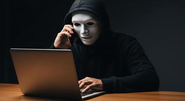 Anonymous hacker wearing a mask using a laptop and talking on the phone photo