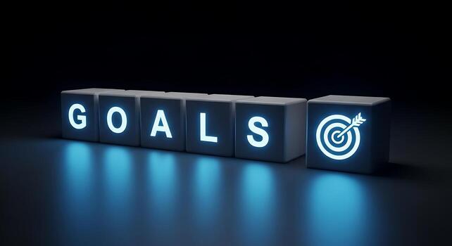 Illuminated Blocks Spelling Out Goals With A Target Symbol On The Last Block photo