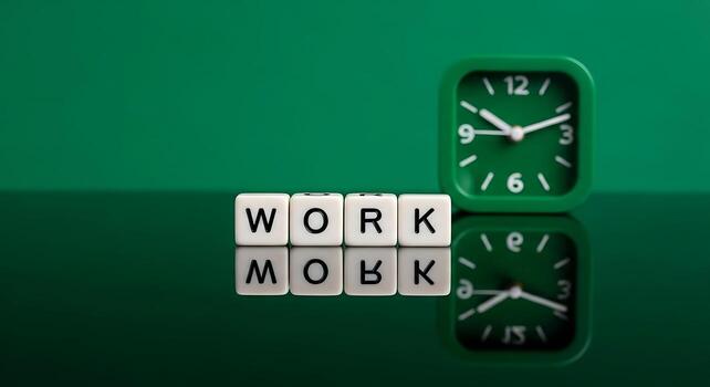 Work time management concept with clock and word blocks on reflective surface photo