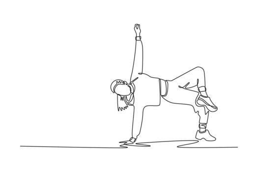 Single continuous line drawing young girl executing a demanding bridge or freeze move, balancing on one arm and one foot with other arm raised. Dynamic one line draw graphic design illustration vector