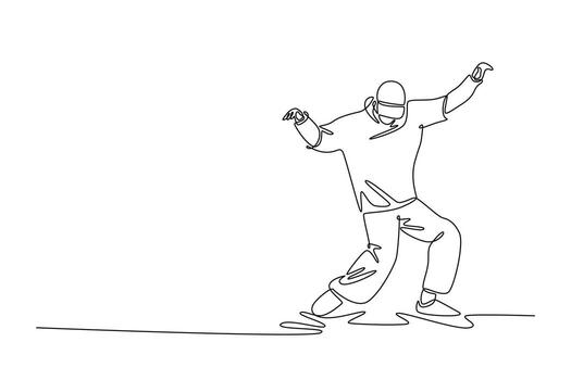 Single one line drawing Hip Hop dancer mid-groove, leaning low with arms extended for balance, expression. Characteristic grounded, fluid style. Continuous line draw design graphic illustration vector