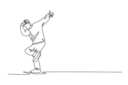 Single one line drawing dancer mid-movement, balancing on one leg with arms extended, dynamic, focused pose typical of hip hop or street dance. Continuous line draw design graphic illustration vector