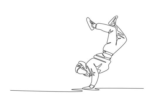 Single one line drawing attractive guy executing demanding one-handed handstand, or freeze power move, fundamental part of breakdancing. Modern continuous line draw design graphic illustration vector