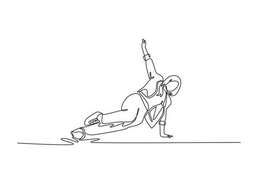 Continuous one line drawing young girl mid-floorwork, balancing on one hand and side their leg, with other arm raised, power move in breakdancing. Single line draw design graphic illustration vector