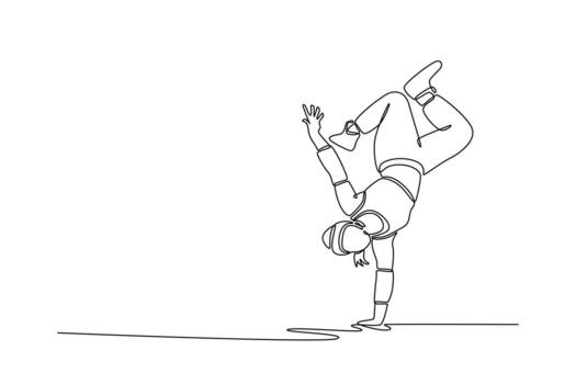 Single continuous line drawing girl mid-move, balanced on one hand and their head, with legs bent, challenging headstand or power move in breakdancing. One line draw graphic design illustration vector