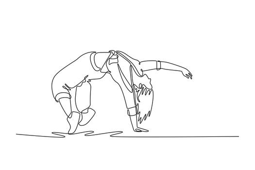 Single continuous line drawing girl dancer executing deep back bridge or backbend freeze, incredible flexibility, body control in dynamic dance pose. One line draw graphic design illustration vector