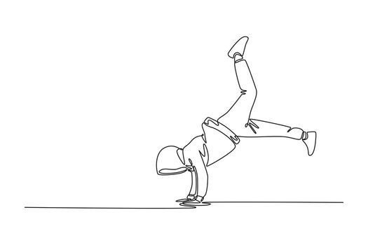 Continuous one line drawing young guy executing challenging freeze, balancing on one hand with their body inverted, leg extended wide of breakdance. Single line draw design graphic illustration vector