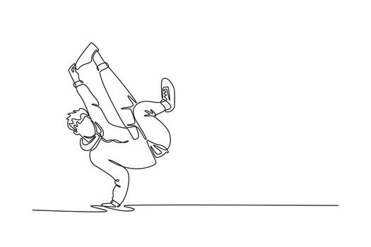 Continuous one line drawing young guy balanced on one hand in inverted freeze with leg bent and raised high, challenging power move in breakdancing. Single line draw design graphic illustration vector