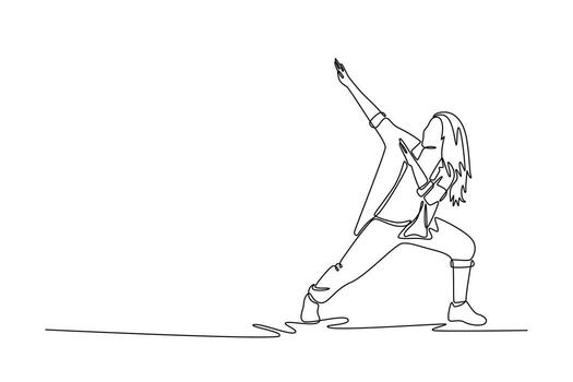 Single continuous line drawing young girl in wide, low stance, with one arm extended high and head tilted back, confident and expressive Hip Hop pose. One line draw graphic design illustration vector