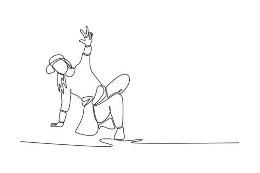 Single continuous line drawing young girl mid-move, balanced on one hand and one foot in freeze or power move, characteristic of Breakdancing. Dynamic one line draw graphic design illustration vector