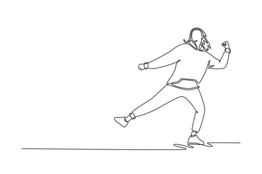 Single one line drawing female dancer mid-step, leaning and extending one leg, the fluid, energetic flow of a hip hop or street dance routine. Continuous line draw design graphic illustration vector