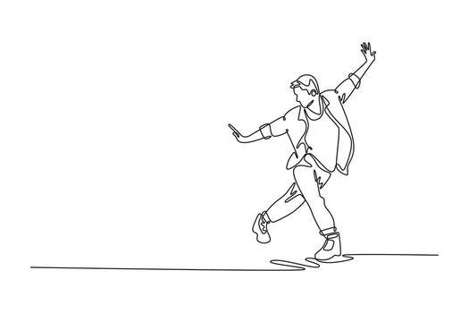 Continuous one line drawing Hip Hop dancer mid-groove, leaning back with arms wide and one foot lifted, illustrating a dynamic and expressive pose. Single line draw design graphic illustration vector