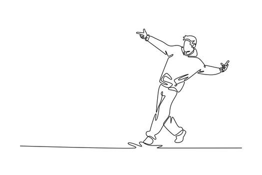 Single one line drawing young male mid-step in a dynamic, sideways pose, pointing with both hands, moment of confident, energetic street dance. Continuous line draw design graphic illustration vector