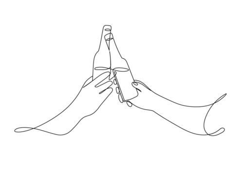 One line art cheers with bottles - Minimalist continuous line drawing of two hands toasting with drinks vector