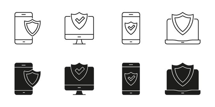 Mobile Phone, Computer, And Laptop Security Line And Solid Icon Set. Cybersecurity, Data Protection, And Device Safety Symbol Collection. Digital Security Assurance. Isolated Illustration vector