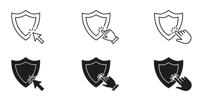Shield With Cursor And Hand Click Line And Solid Icon Set. Cybersecurity, Protection, And User Interaction Symbol Collection. Digital Safety And Online Security. Isolated Illustration vector