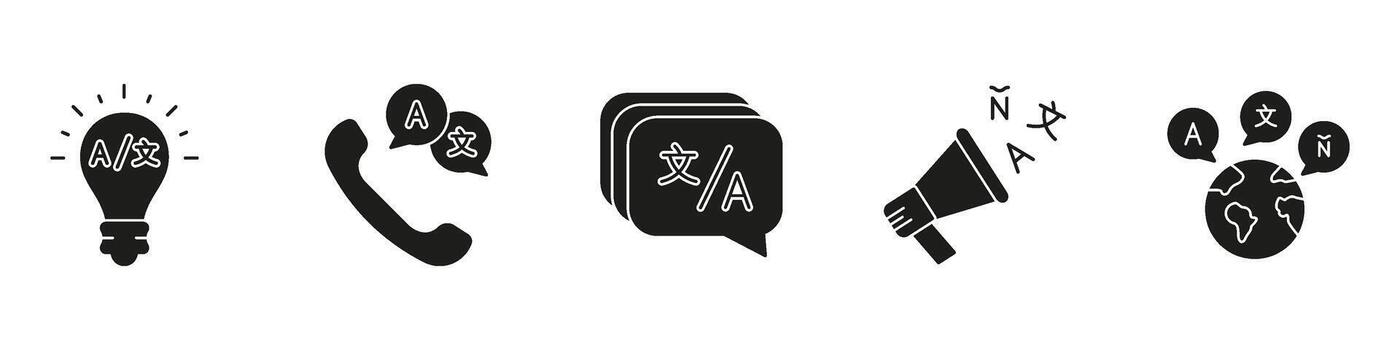 Language Communication Silhouette Icon Set. Includes Idea, Phone Call, Multilingual Message, Loudspeaker, and Alphabet Flow Solid Symbol Collection. Isolated Illustration vector