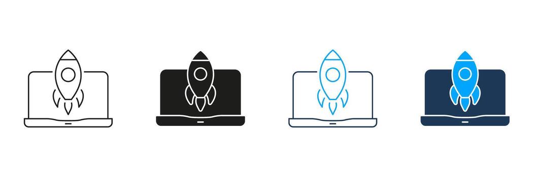 Rocket Launching From Laptop Line And Solid Icon Set. Startup, Innovation, And Technology Advancement Symbol Collection. Business Growth And Digital Transformation. Isolated Illustration vector