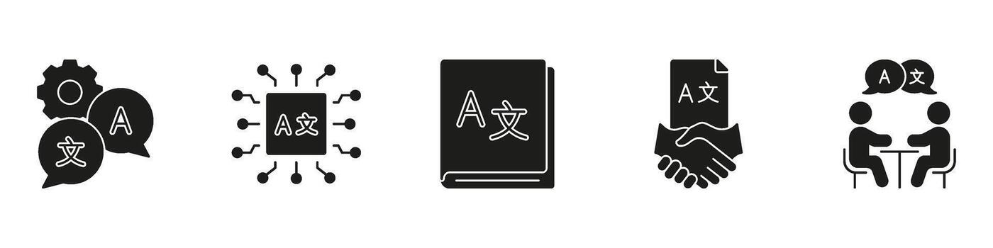 Translation Management and Language Services Silhouette Icon Set. Includes Settings, Digital Tools, Dictionary, Agreement, and Conversation Solid Symbol Collection. Isolated Illustration vector