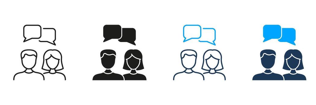 Male And Female Communication Line And Solid Icon Set. Dialogue, Interaction, And Teamwork Symbol Collection. Social Connection And Networking. Isolated Illustration vector