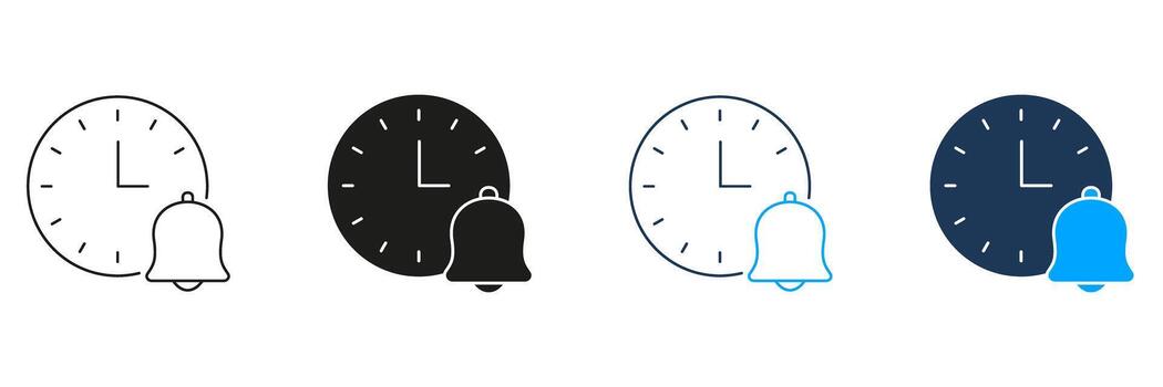 Clock With Bell Line And Solid Icon Set. Time Management, Reminder, And Alarm Notification Symbol Collection. Schedule And Alert System. Isolated Illustration vector