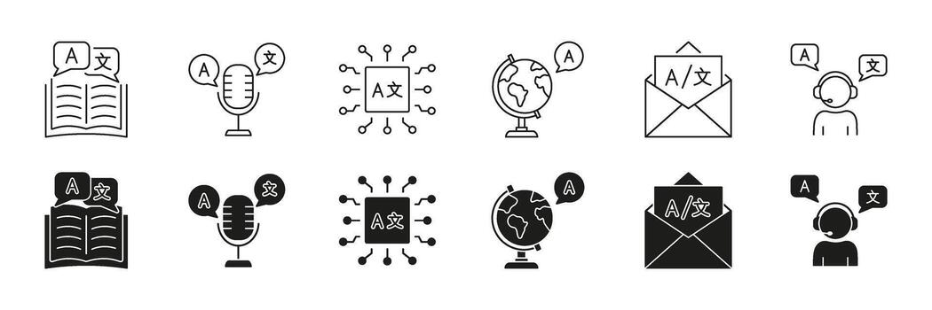 Language Translation Line And Solid Icon Set. Global Translation, And Language Services Symbol Collection. Includes Book, Microphone, Globe, Email, And Headset Icons. Isolated Illustration vector