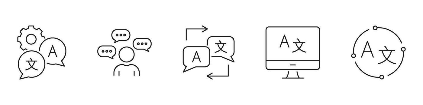 plurilingüe comunicación, Traducción servicios, y idioma intercambiar línea icono colocar. idioma Traducción y comunicación contorno símbolo recopilación. editable ataque. aislado ilustración vector