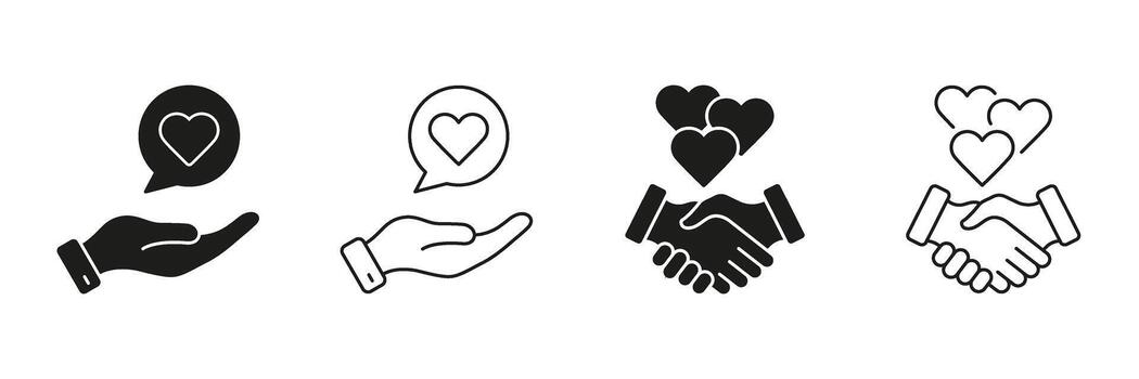 Hand With Heart And Handshake Line And Solid Icon Set. Compassion, Support, And Partnership Symbol Collection. Care, Trust, And Collaboration. Isolated Illustration vector