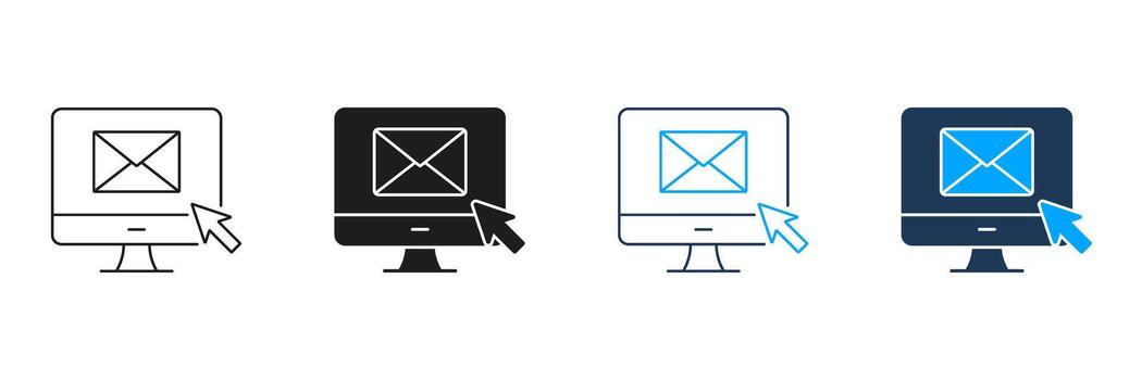 Computer Monitor With Email And Cursor Line And Solid Icon Set. Digital Communication And Online Messaging Symbol Collection. Email Notification And Internet Browsing. Isolated Illustration vector