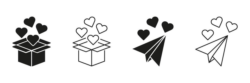 Open Box And Paper Plane With Hearts Line And Solid Icon Set. Love, Surprise, And Communication Symbol Collection. Expressing Affection And Sending Messages. Isolated Illustration vector