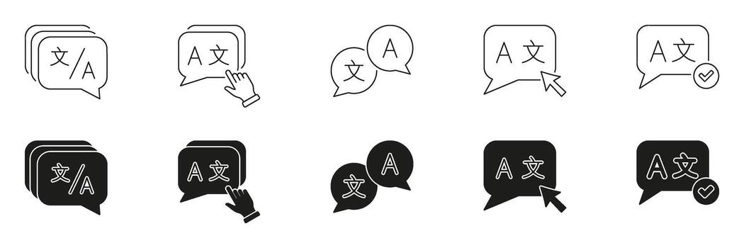 Speech Bubble For Language Translation Line And Solid Icon Set. Communication And Translation Services Symbol Collection. Language Exchange And Interpretation. Isolated Illustration vector