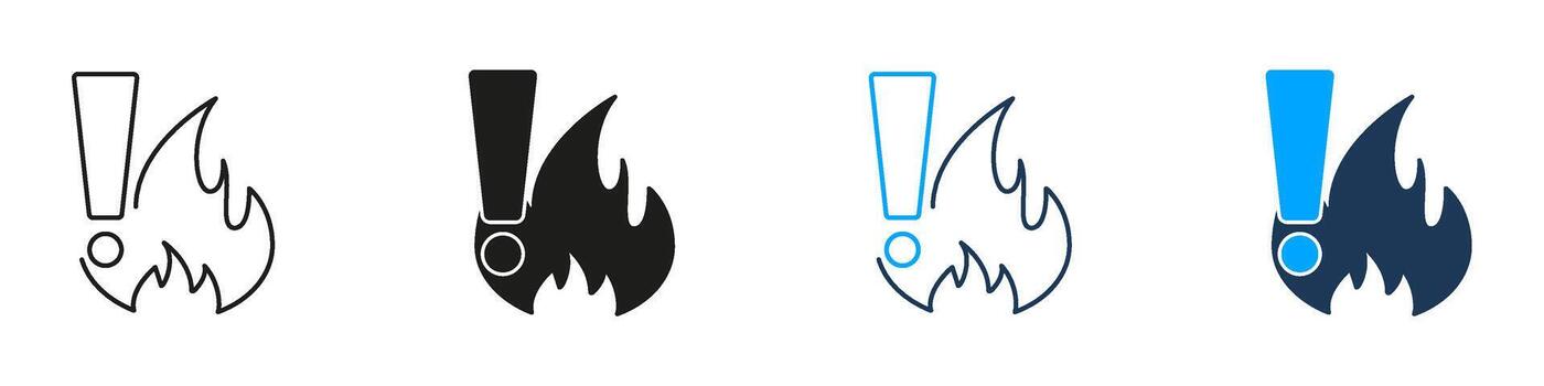 Exclamation Mark With Fire Line And Solid Icon Set. Alert And Warning For Fire Hazard And Emergency Situations Symbol Collection. Safety And Risk Management. Isolated Illustration vector