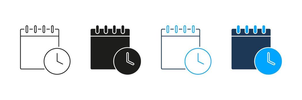 Calendar With Clock Line And Solid Icon Set. Time Management, Scheduling, And Event Planning Symbol Collection. Appointment And Deadline Reminder. Isolated Illustration vector