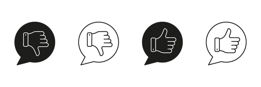Thumbs Up And Down In Speech Bubble Line And Solid Icon Set. Feedback And Opinion Expression Symbol Collection. Communication And Social Media Interaction. Isolated Illustration vector